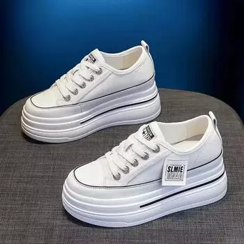 Casual Canvas Shoes 2024 New Women s Solid Color Thick Sole Sports Wedge Heel Height Increasing Breathable Vulcanized Women s 34 белый
