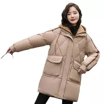 Повседневный кардиган корейский простой средней и длинной длины пуховая хлопковая одежда контрастные шапки поддельные двухсекционные полосатые топы большого размера женские M белый