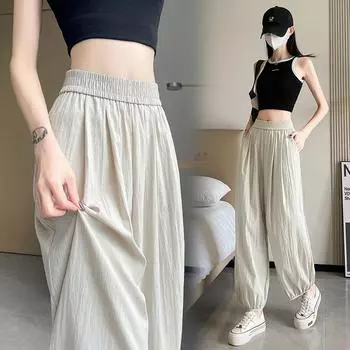 Casual Carrot Pants Elastic Waist Drawstring Loose Long Pants Ice Silk Wide Leg Trousers for Women XXL чёрный
