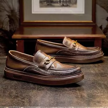 Повседневные резные ботинки-бини Брок мужские кожаные лоферы на одной педали верхний слой коровья кожа британская кожаная обувь 38 коричневый