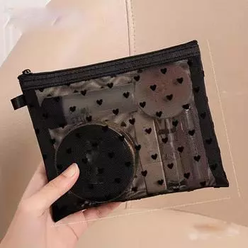 Casual Chic Heart Print Cosmetic Bag - Black & White Geometric Chevron Pattern, Durable Fabric Multi-Use Organizer for Makeup, Travel Essentials M