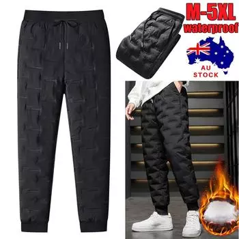 Casual Cotton-padded Solid Lace-up Pant Men Thicken Waterproof Warm Fleece Lined Casual Sport Pants Joggers Trousers M-5XL S чёрный