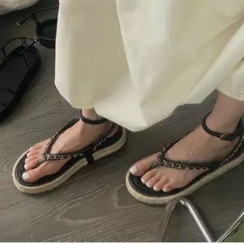 Casual Flat Heel Metal Chain Breathable Flip-flops Female 2024 New Fashion Simple All-match Solid Color Women Sandals Summertime 35 покинуть белый