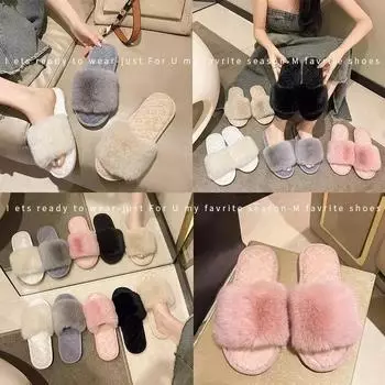 Casual Fluffy Slippers Women Home Fashion Popular Plush Winter Designer Shoes Girls Flat Chic Elegant Platform Slippers Open Toe 36-37 чёрный