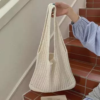 Casual Hollow Grids Knitting Shoulder Bag Large Capacity Multicolor Lightweight Bags Knitted Polyester Casual Tote Vacation 36x30cm