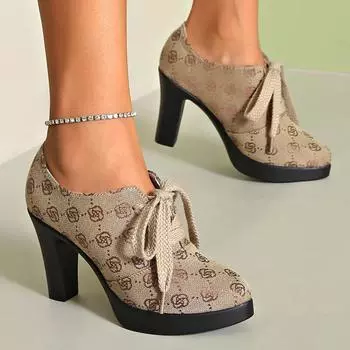 Casual Lace Up Pumps 2024 New Chunky Heel Platform Women s High Heels Fashion and Versatile Ladies Office Shoes for Commuting 35 хаки