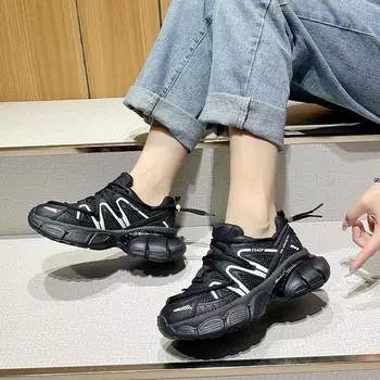 Casual Ladies Fitness Versatile Thick-soled Mesh Breathable Shoe Fashion Thick Sole Mesh Breathable Height Increasing Tenis Shoe 35 чёрный