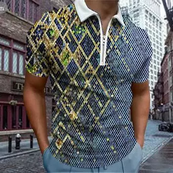 Повседневная футболка с лацканами, молодежная модная футболка с застежкой-молнией, футболка с коротким рукавом, мужская футболка с принтом 3D Golden Grid XS дубильная кора