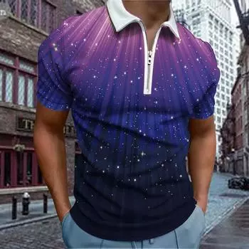 Повседневная футболка с лацканами, молодежная модная футболка с застежкой-молнией, футболка с коротким рукавом, мужская футболка с принтом 3D Purple Starlight XS фиолетовый
