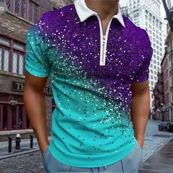 Повседневная футболка с лацканами, молодежная модная футболка с застежкой-молнией, футболка с коротким рукавом, мужская двухцветная футболка с блестящим 3D-принтом XS зелёный