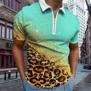 Повседневная футболка с лацканами, молодежная модная футболка с застежкой-молнией, футболка с коротким рукавом, мужская футболка с блестящим 3D-принтом леопарда XS зелёный