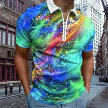 Повседневная футболка с лацканами, молодежная модная футболка с застежкой-молнией, футболка с коротким рукавом, мужская футболка с принтом 3D Green Aurora XS зелёный