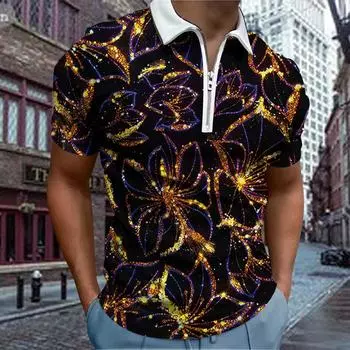 Повседневная футболка с лацканами, молодежная модная футболка с застежкой-молнией, футболка с коротким рукавом, мужская футболка с 3D-принтом с фиолетовым и золотым цветком XS фиолетовый