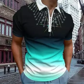 Повседневная футболка с лацканами, молодежная модная футболка с застежкой-молнией, футболка с коротким рукавом, мужская футболка с 3D-градиентным цветным принтом XS синий