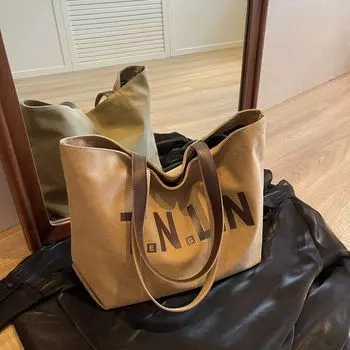 Casual Large Capacity Canvas Bag Female 2025 New Arrival Tide Fashion Shoulder Bag Class Handbag Commuter Tote Khaki