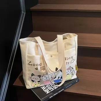 Casual Large Capacity Canvas Bag Women 2025 New Trendy Fashion Handbag Commuter Tote Bag Class Shoulder Bag Beige