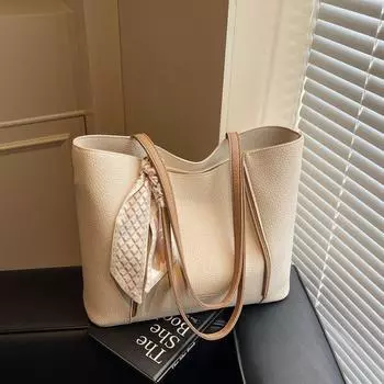Casual Large Capacity Tote Bag Women 2025 New Fashion Portable Commuter Bag Versatile High Sense Shoulder Bag Creamy-white Scarves