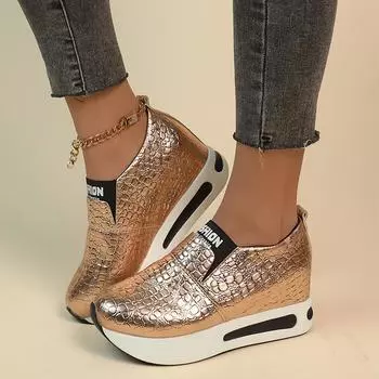 Casual large size fashion single shoes women s 2025 autumn new muffin thick-soled glossy sports single shoes 35 золотой