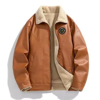 Повседневная кожаная куртка мужская куртка осень и зима искусственная кожа куртка овечий бархат корейская версия лацкан универсальная бархатная куртка Tide M