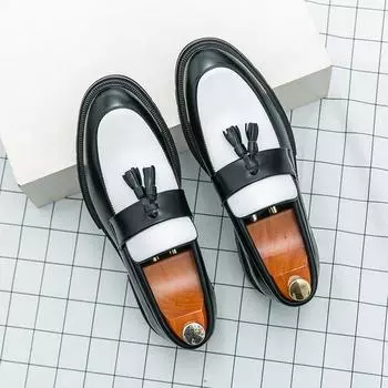 Casual Leather Mens Casual Fashion Slip on Shoes Male Black and White Tassels Loafers Soft Moccasins Handmade Male Driving Shoes 38