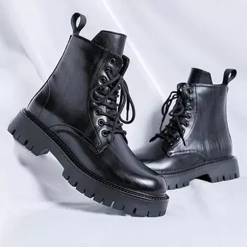 Casual Leather Mens High Top Shoes Thick Bottom Male Motorcycle Boots Lace-up Solid Mid-Calf Ankle Boots Warm Plush Fur Footwear 38