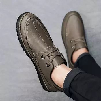 Casual leather shoes men s breathable one-pedal Doudou shoes men s versatile middle-aged dad shoes non-slip soft-soled stitched single shoes 39 хаки
