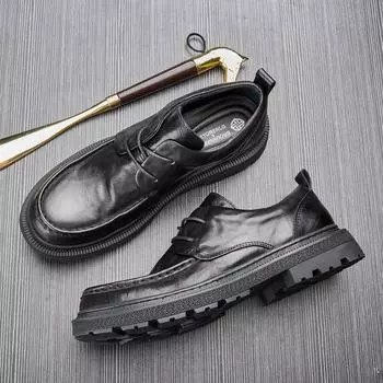 Повседневные кожаные туфли мужские деловые туфли на шнуровке с круглым носком из натуральной кожи дышащие на толстой подошве зеленые одинарные туфли из коровьей кожи для мужчин 38 чёрный