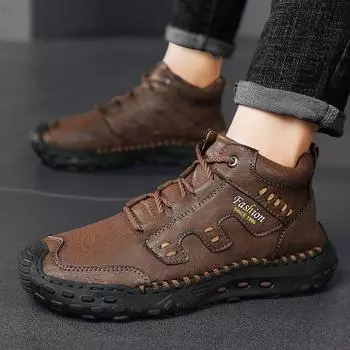 Casual leather shoes men s new thick-soled wear-resistant medium tube sewn tooling boots thickened and velvet warm men s shoes 38