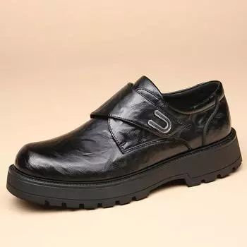 Casual leather shoes men s spring 2025 new business dress black thick-soled heightened round head men s big head leather shoes 38 чёрный