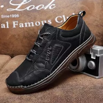 Casual leather shoes men s spring fashion leather breathable middle-aged and elderly dad shoes handmade Doudou shoes large size 38 чёрный