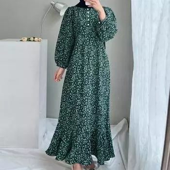 Casual Long Sleeve Loose Printed Button Collar Dress L зелёный