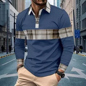 Casual Long Sleeved Button Up Waffle Print Polo Shirt S тёмно-синий