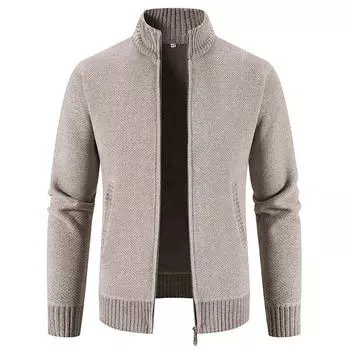 Casual Long-sleeved Knitted Jacket Autumn and Winter Plush Sweater Cardigan Men s Stand-up Collar M