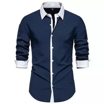 Casual Long-sleeved Shirt Men s Contrasting Placket Lapel Long-sleeved Shirt Bottom Men s Shirt S