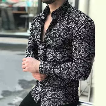 Casual Longsleeve Men Shirt Business Slim Fit Shirt Floral Printed Blouse Tops Black,M