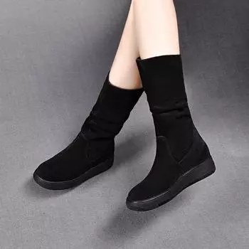 Casual medium boots autumn and winter new thick-soled velvet comfortable and thin matte cowhide pleated muffin bottom women s boots 35