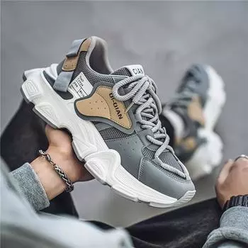 Casual Men s Shoes Solid Colors Men Chunky Sneakers Platform Breathable Male Footwear Autumn Increase Board Youth Tide Shoes New 39 бежевый