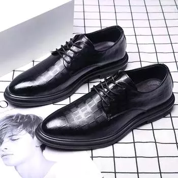 Casual Men shoes fashion Brogue Patent Leather Shoe Man lace up Oxford Dress Shoes Elevator Formal Wedding shoes men 38 чёрный