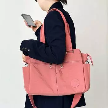Casual Multi-Layer One Shoulder Waterproof Nylon Cloth Tote Bag Sand powder