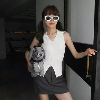 Повседневный многоцветный жилет без рукавов для женщин, летний тонкий трикотаж с V-образным вырезом и разрезом One Size розовый