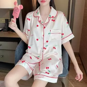 Casual Pajamas for Women Summer Thin Girls Home Lapel Cardigan Two-piece Pajamas Women s Home Clothes L