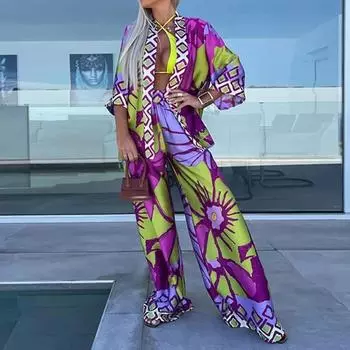 Повседневный узор с принтом, свободный, из двух частей, пижама, на шнуровке, кардиган, топы, длинные брюки, комплект для отдыха, пижама для женщин, пляжный наряд для отдыха S фиолетовый