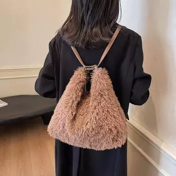 Casual plush shoulder bag for women autumn winter large capacity versatile chain bags solid color backpack commuting
