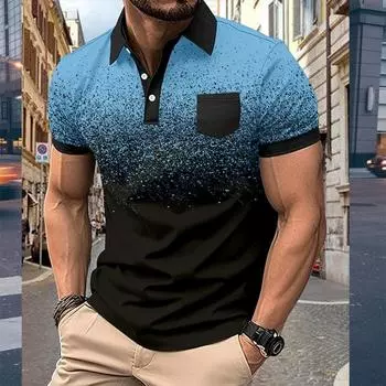 Casual Pocket Button Men s Printed Polo Shirt S небесно-голубой