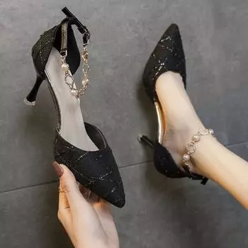 Casual Pointed Toe Sandals Women‘S Breathable Lace Up Shoes Sequined Rhinestone High Heels Buckle Shoes Zapatos Para Mujeres 35 чёрный