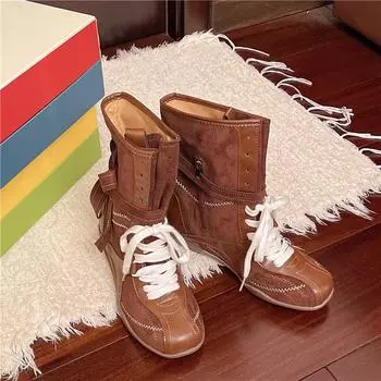 Casual retro versatile inner heightening Martin boots women s British round head lace-up sports boots short boots boxing boots 35