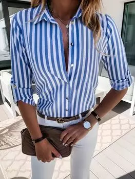 Повседневные сексуальные свободные полосатые тонкие рубашки женские винтажные однобортные блузки большого размера модные элегантные топы с длинным рукавом для офиса S синий