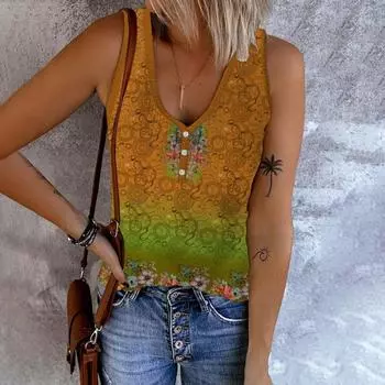 Casual Shirt 2023 Summer Tank Top Fashion V-neck Print Blouse Women Loose Top Youth Sleeveless Blusas Para Mujer Elegant 25706 S орион