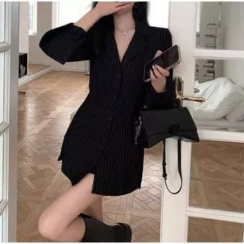 Повседневные рубашки женские полосатые свободные с V-образным вырезом универсальные длинные топы женские весенние модные длинные рукава шикарные винтажные рубашки женские S 40-50KG чёрный