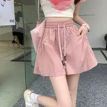 Casual Shorts Women s Summer New Small Drawstring High Waist Loose Quick-drying Wide-leg Pants S чёрный